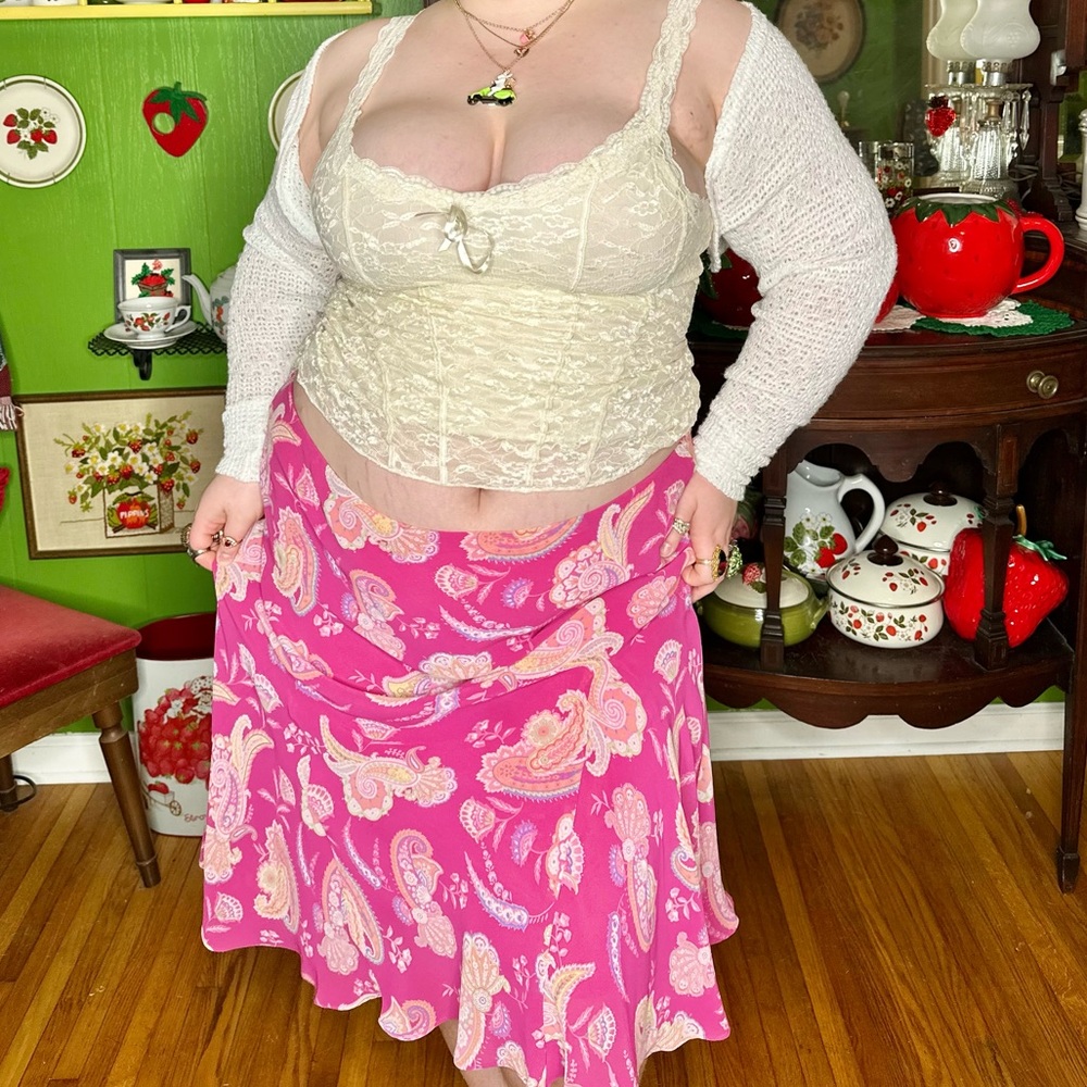 y2k fairycore boho pink, purple & orange paisley floral print midi skirt - Picture 1 of 6